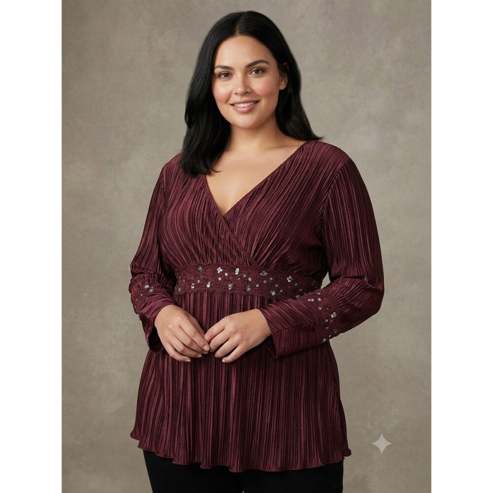Cato Brown V-Neck Textured Blouse With Sequin Waist and Cuffs